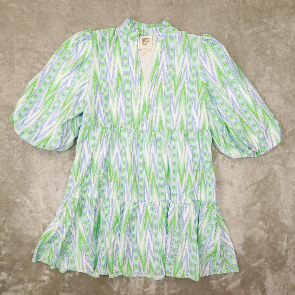 Emily McCarthy Frankie Dress Blue Green‎ Zig Zag Print Tuckernuck size Small